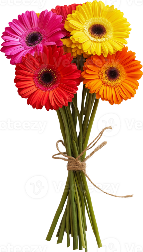 A bouquet of colorful gerbera daisies tied with twine png