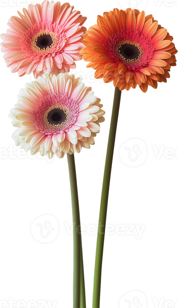 Three pink and orange gerbera daisies are in a vase png