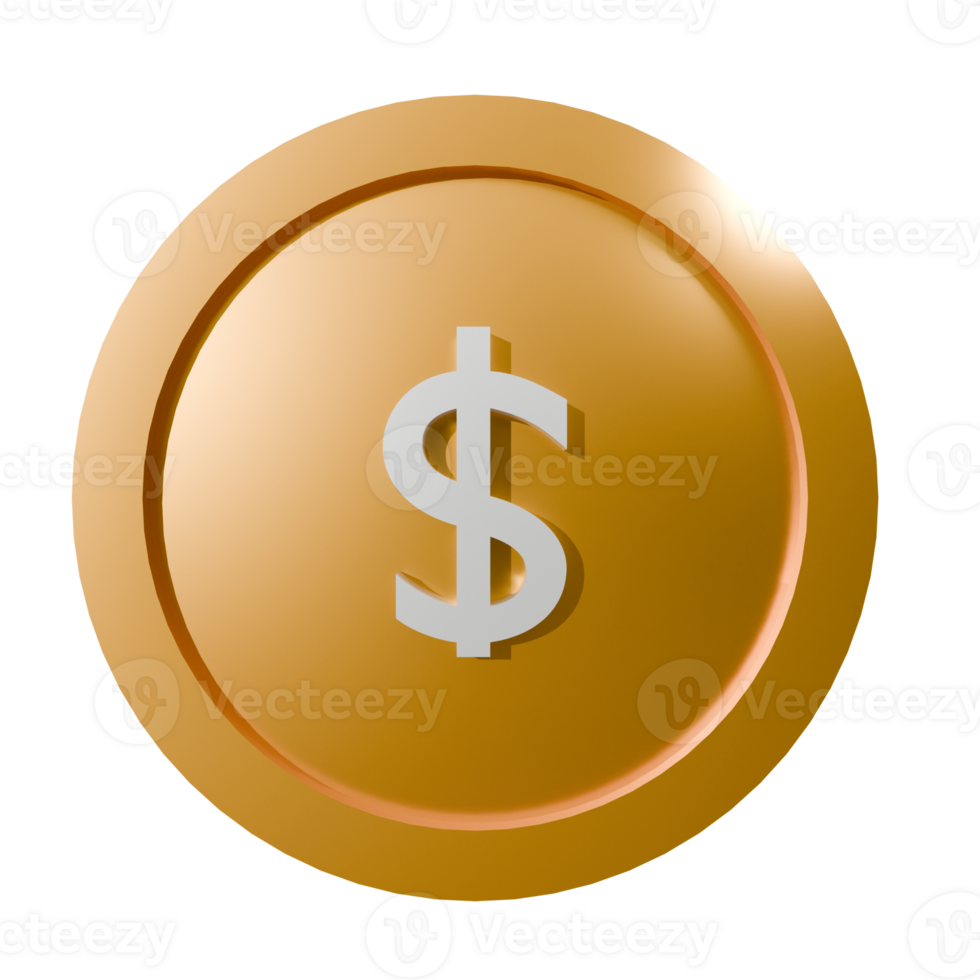 3d Gold coin icon, dollar or money isolated on white, cash or currency sign, token, business and finance concept. png