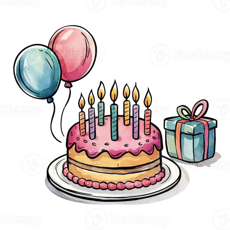 A colorful birthday scene features a cake with pink icing and multiple lit ca cutouts png