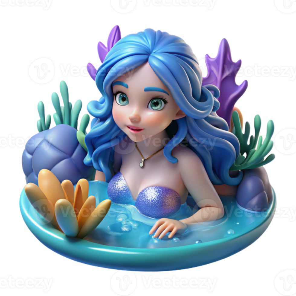 serene classic A playful water nymph with flowing blue hair and iridescent scales, swimming in a crystal-clear pool, surrounded by glowing coral. Art Nouveau style, soft lighting original png