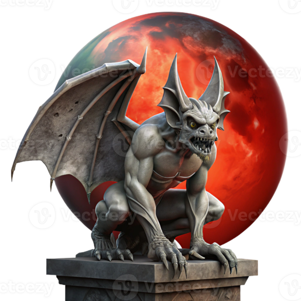 beautiful abstract A menacing gargoyle with granite skin and leathery wings, perched atop a gothic cathedral, under a blood-red moon. Gothic horror style, dramatic lighting detailed png