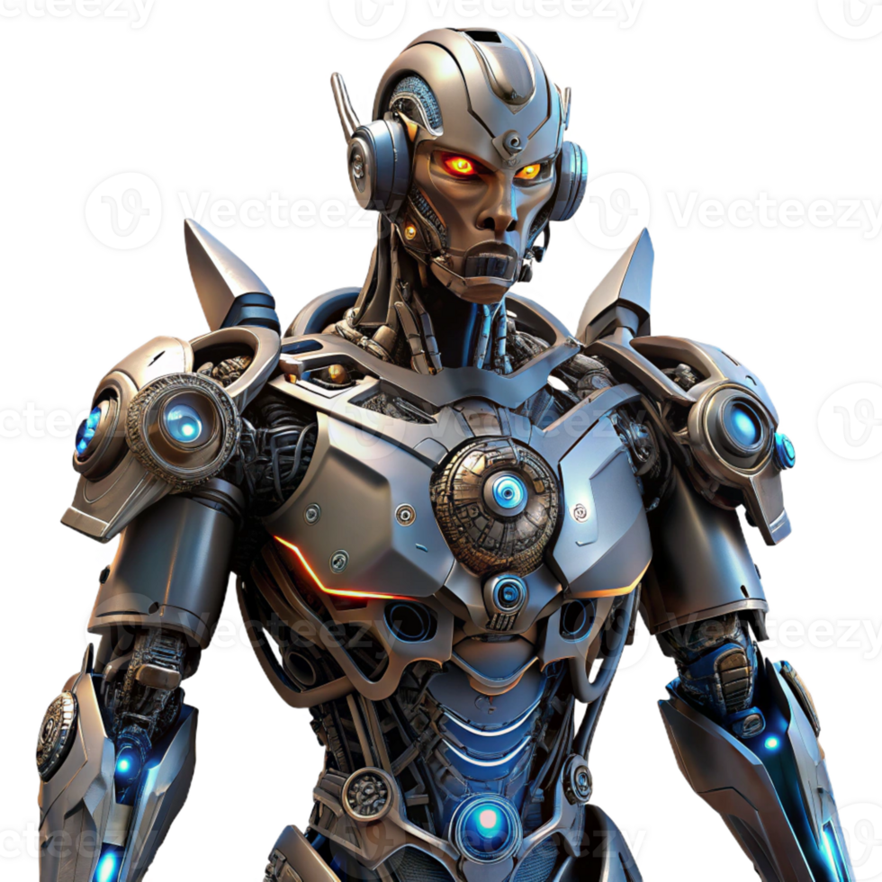 dramatic artistic A highly detailed, biomechanical robot with organic and metallic components intertwined, in a dark, biopunk style, lit by a single light source from above original png