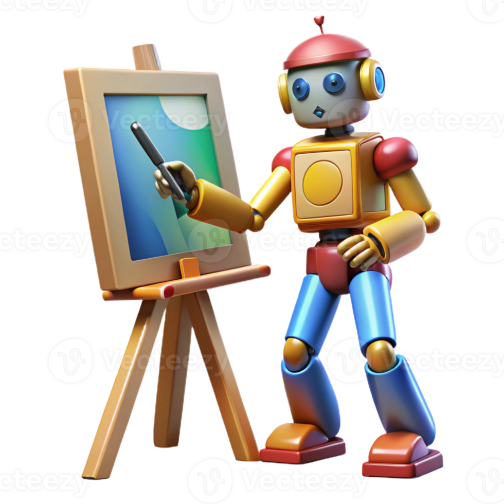 elegant contemporary A robotic artist painting a canvas with vibrant colors, lit by natural light from a large window, in an impressionist style high resolution png