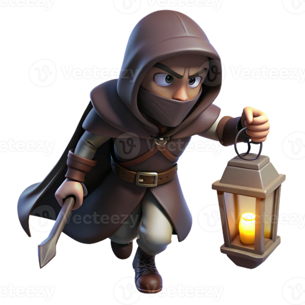 elegant creative A cunning rogue with a hooded cloak and a pair of daggers, sneaking through a shadowy alley, lit by a single flickering lantern. Noir fantasy style, low-key lighting genuine png