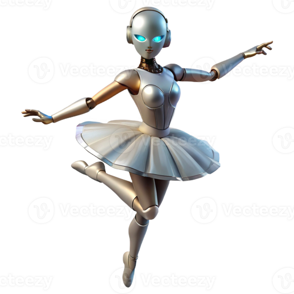 dramatic creative A robotic ballerina gracefully posed mid-air, illuminated by theatrical lighting, in a classical ballet style exclusive png