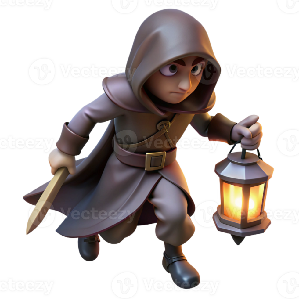 stunning classic A cunning rogue with a hooded cloak and a pair of daggers, sneaking through a shadowy alley, lit by a single flickering lantern. Noir fantasy style, low-key lighting high resolution png