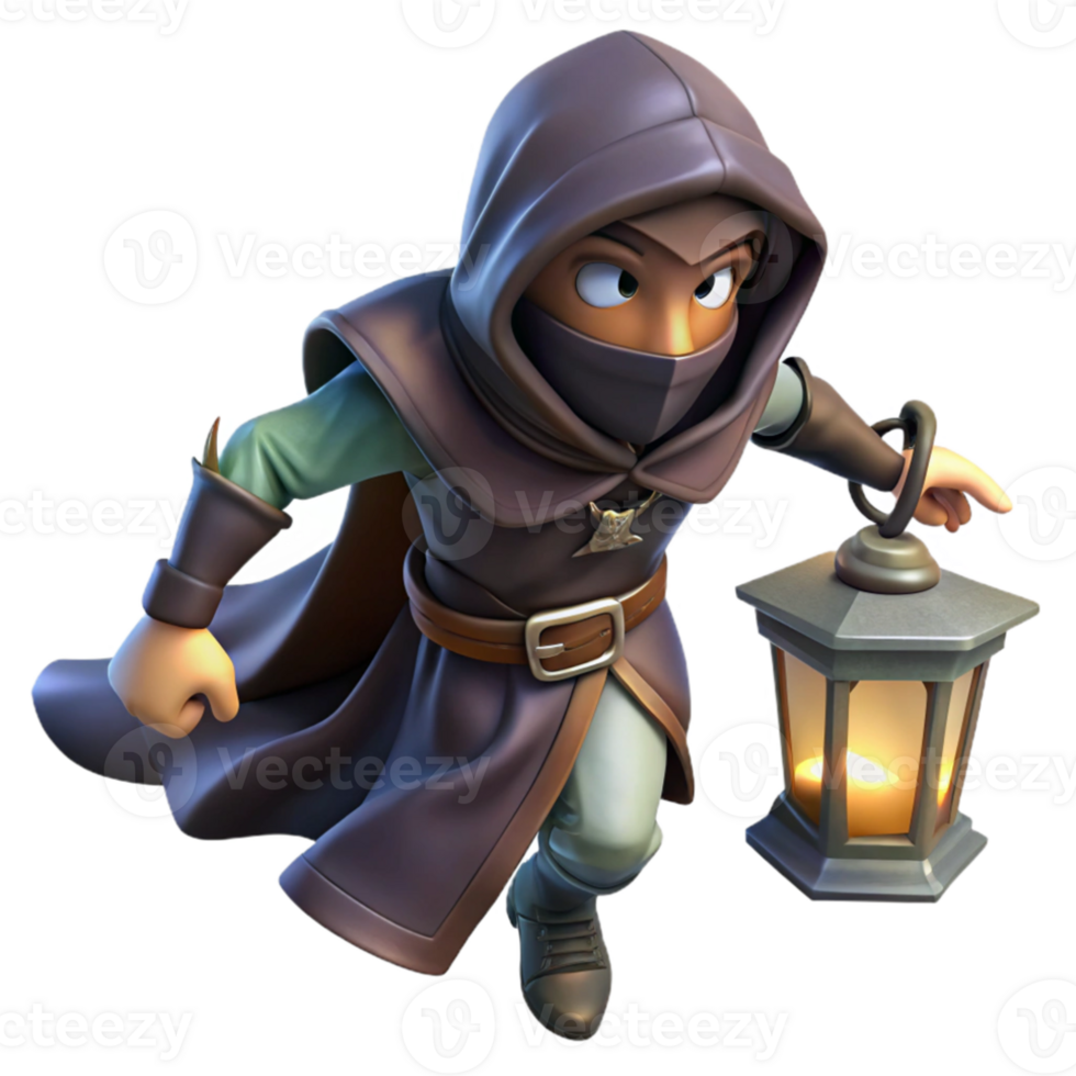 wonderful traditional A cunning rogue with a hooded cloak and a pair of daggers, sneaking through a shadowy alley, lit by a single flickering lantern. Noir fantasy style, low-key lighting detailed png
