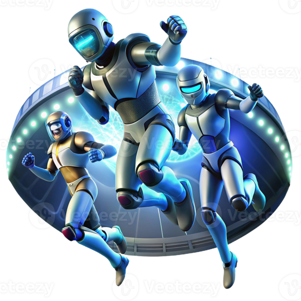 magnificent classic A group of robotic athletes competing in a futuristic sport, illuminated by stadium lights, in a dynamic, action-packed style 4K png