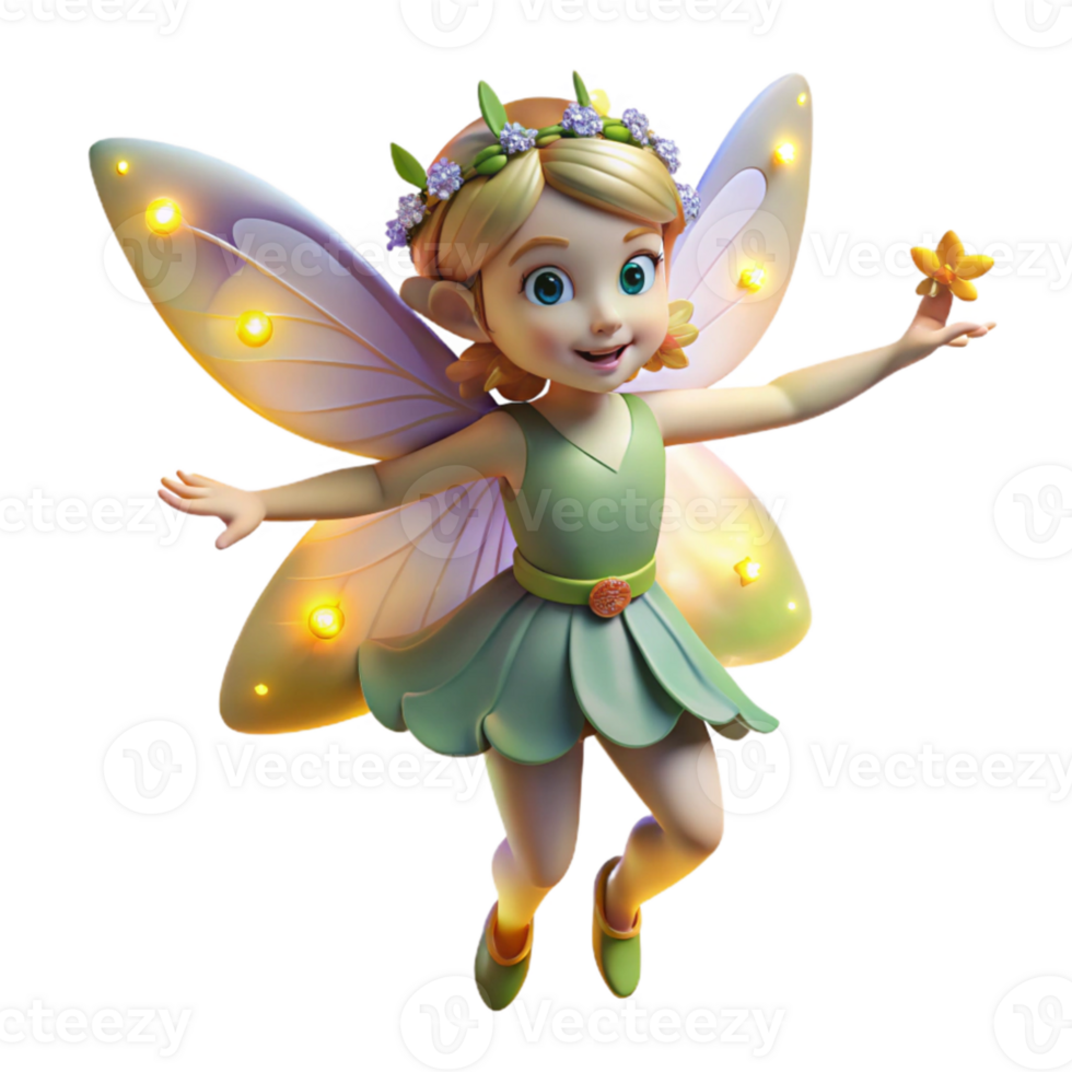 vibrant contemporary A whimsical fairy with iridescent wings and a flower crown, dancing among glowing fireflies, in a magical forest. Children's book illustration style, soft lighting authentic png