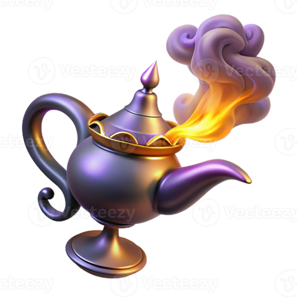elegant minimalist A powerful djinn with swirling smoke and glowing embers, emerging from a magic lamp, in a sultan's palace. Arabian Nights style, dramatic lighting high quality png