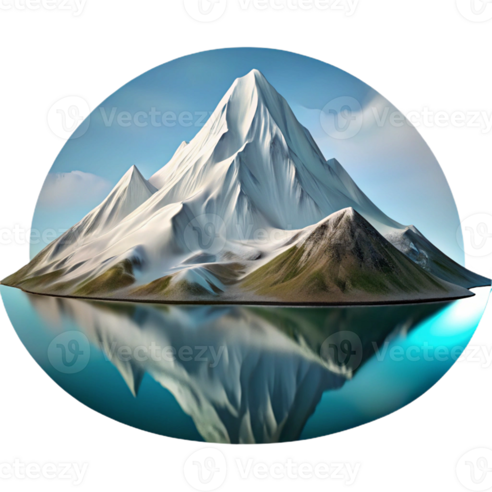 impressive abstract A majestic snow-capped mountain reflected in a crystal-clear lake, alpine landscape, serene atmosphere, realistic style high quality png