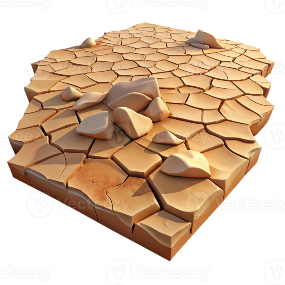 vibrant artistic A cracked desert floor during a drought, harsh sunlight, parched earth, photorealistic style professional png