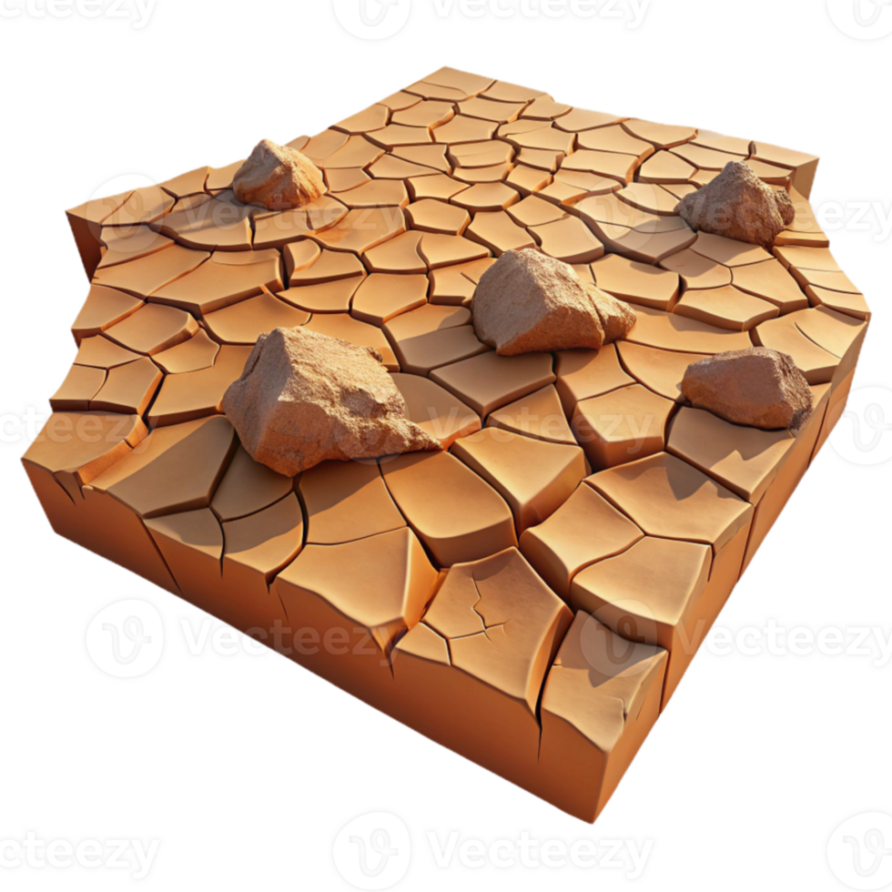 elegant classic A cracked desert floor during a drought, harsh sunlight, parched earth, photorealistic style high quality png