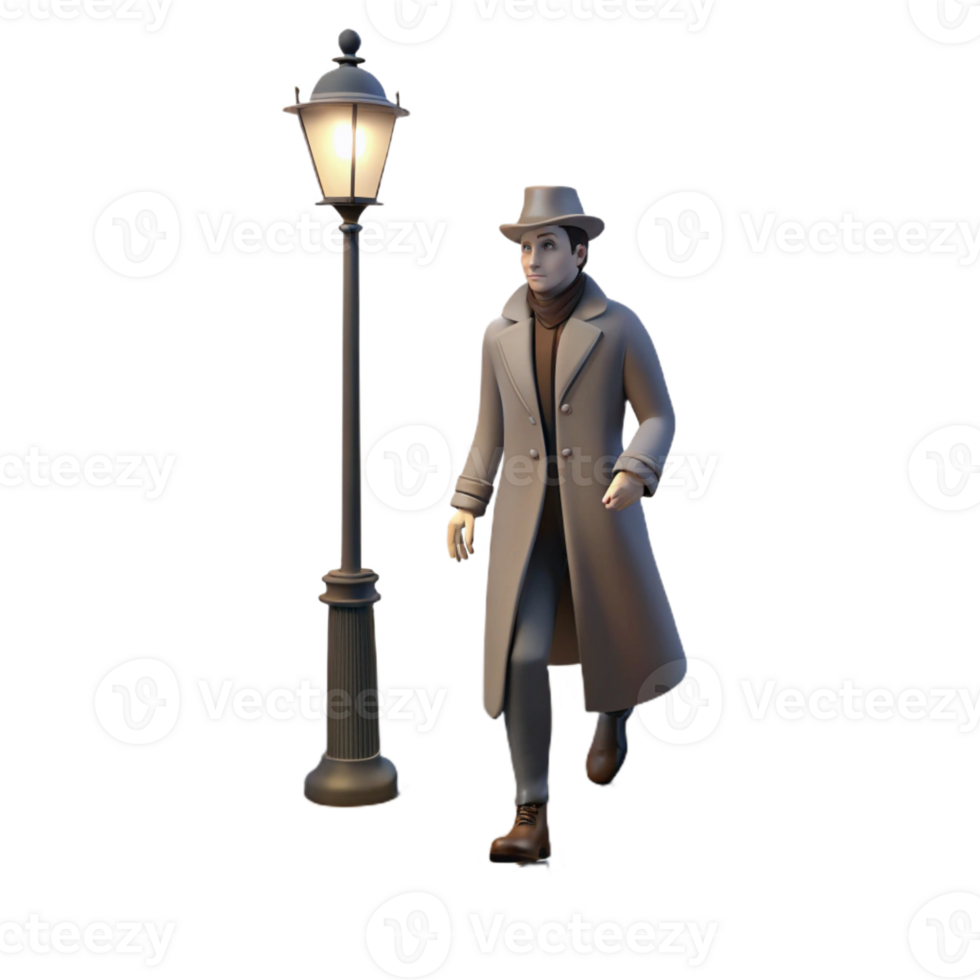 dramatic classic A man in a trench coat walking down a foggy street, lit by a single streetlight, solitary noir atmosphere 4K png