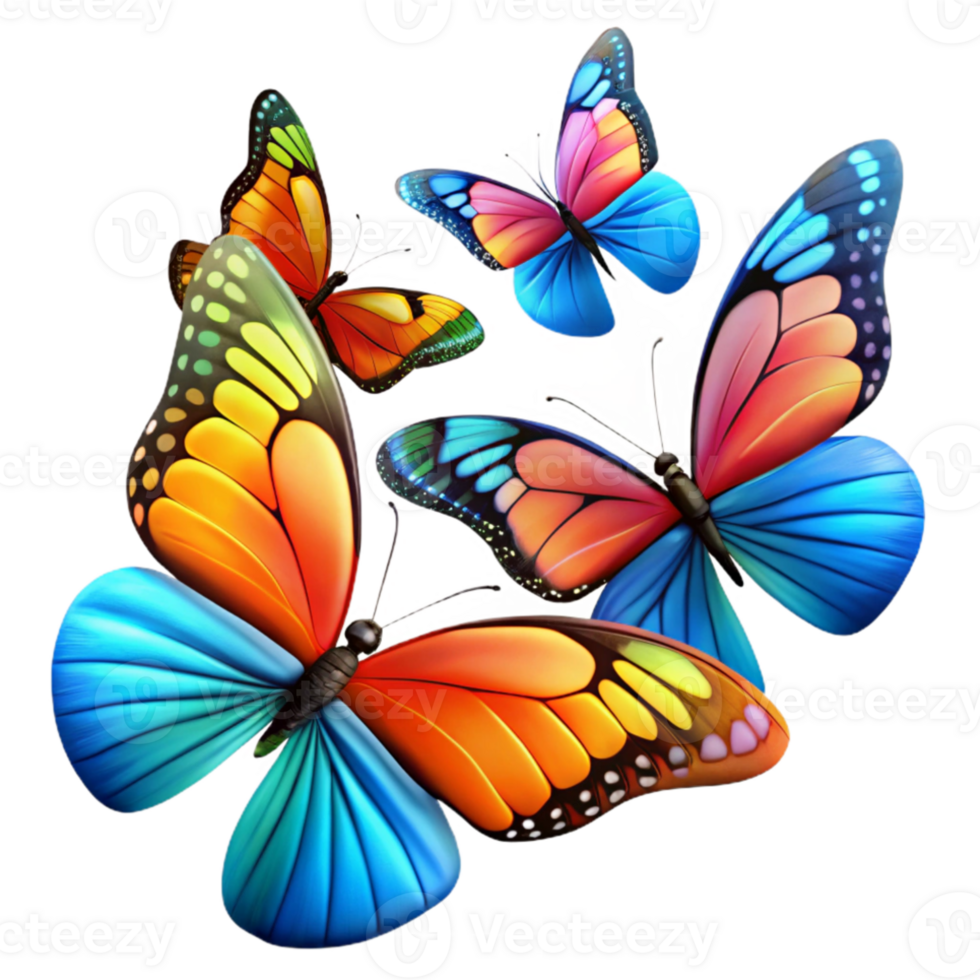 extraordinary classic A group of butterflies migrating across a clear blue sky, vibrant colors, dynamic composition, realistic style high resolution png