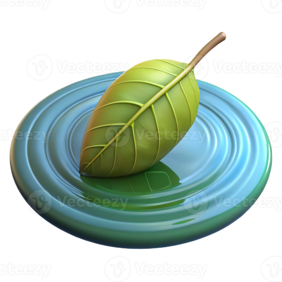 wonderful abstract A single leaf floating on the surface of a pond, ripples in the water, reflective surface, realistic style detailed png