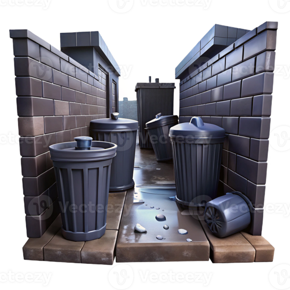 magnificent contemporary A dark alleyway with overflowing trash cans, rain streaking the walls, gritty urban noir scene 4K png