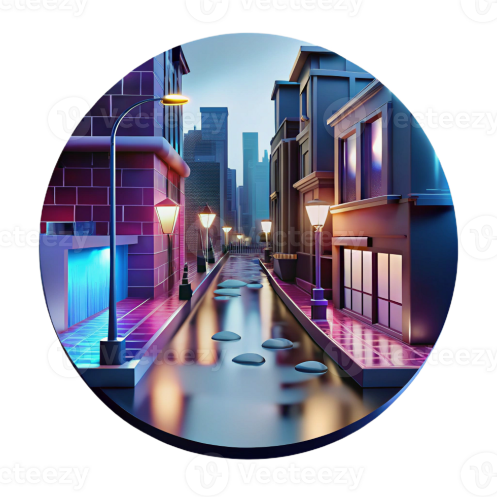 dramatic rustic A rain-soaked city street at night, reflecting neon signs, classic film noir setting exclusive png