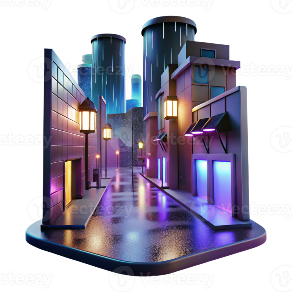 vibrant vintage A rain-soaked city street at night, reflecting neon signs, classic film noir setting authentic png