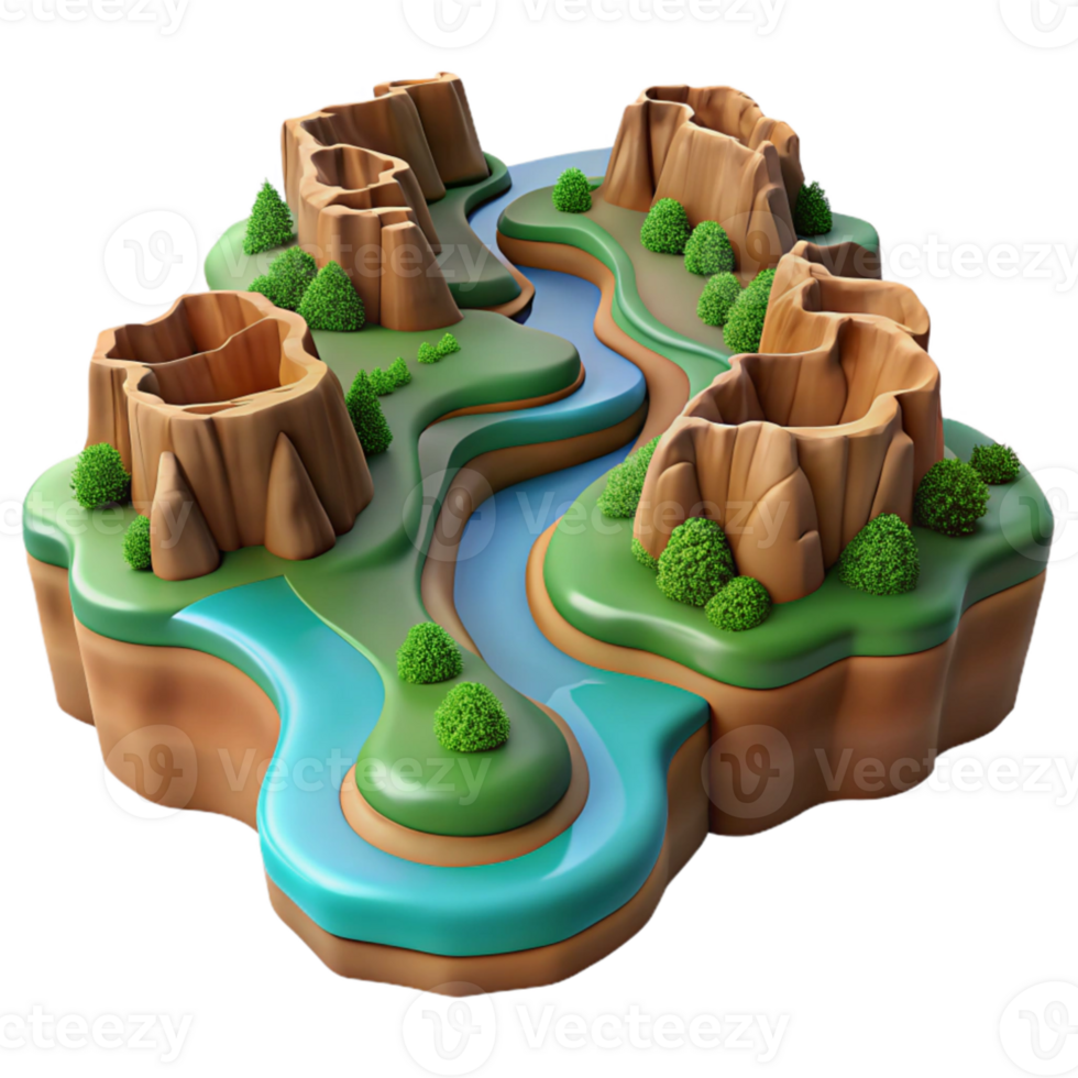 vibrant modern A winding river carving through a canyon, aerial view, vast landscape, realistic style exclusive png