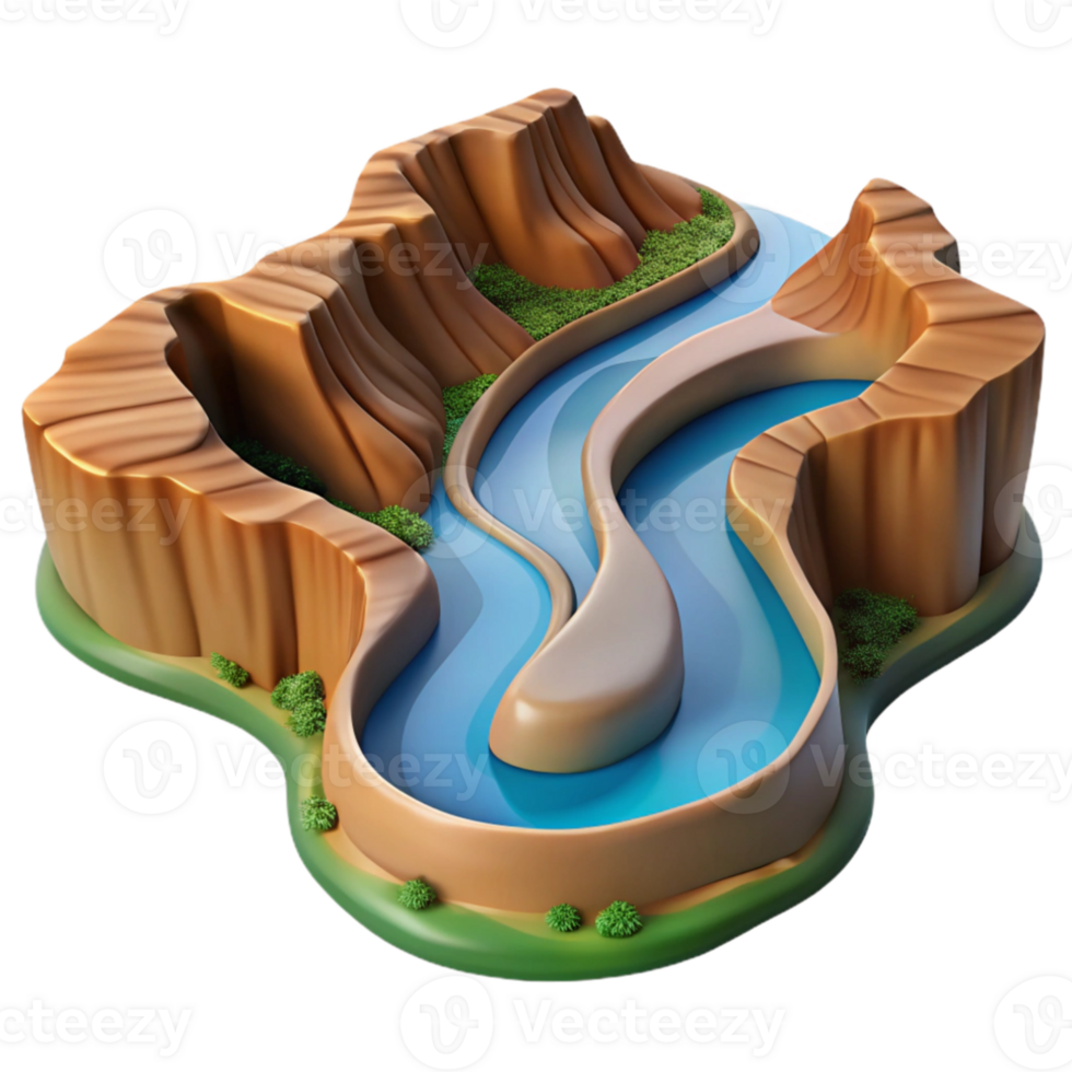 wonderful abstract A winding river carving through a canyon, aerial view, vast landscape, realistic style high quality png