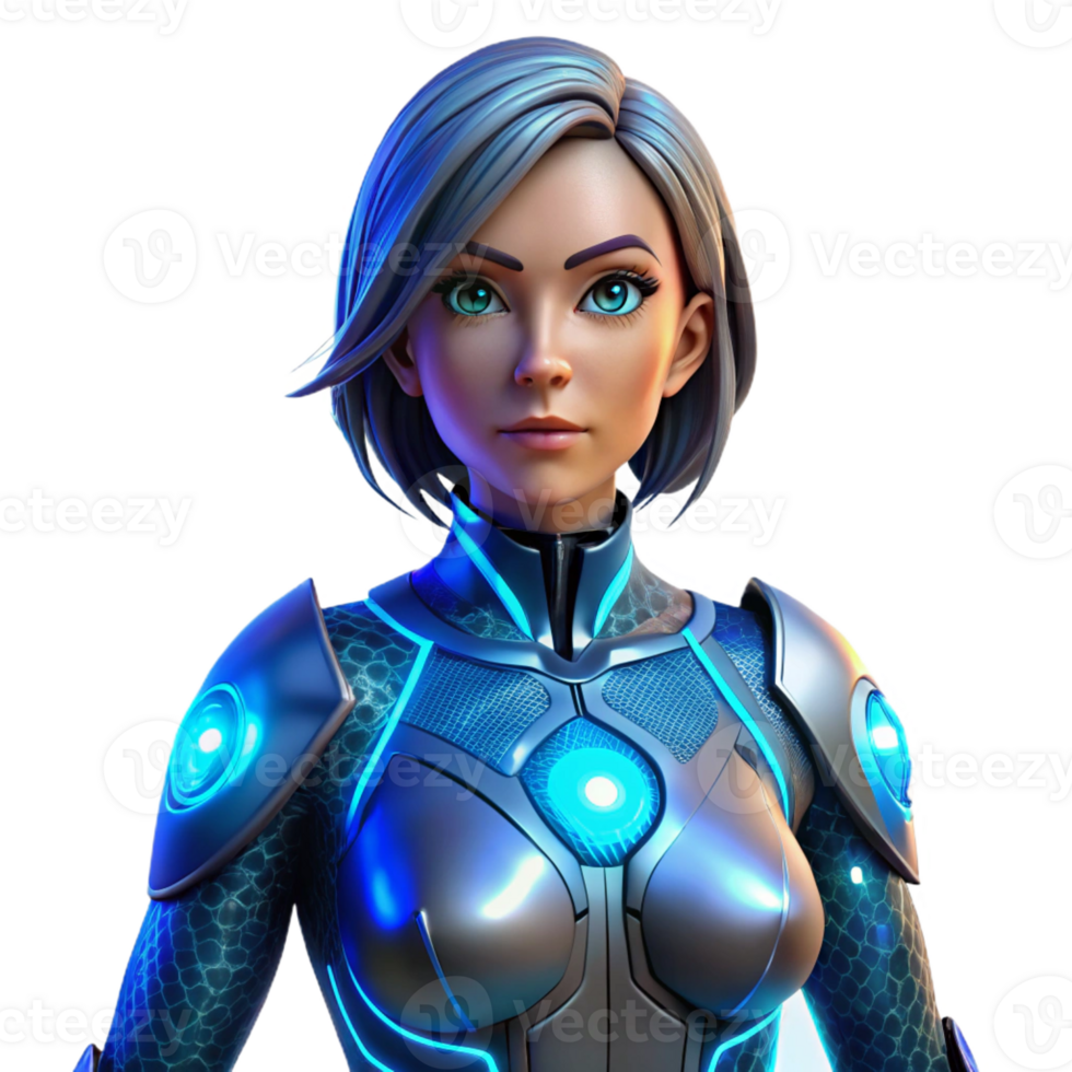vibrant classic A female cyborg superhero with glowing blue circuitry beneath translucent skin, dramatically lit from below with a cool, electric blue light in a gritty, realistic style genuine png
