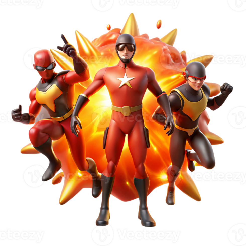 stunning modern A group of four diverse superheroes silhouetted against a fiery explosion, lit with dramatic orange and red hues in a dynamic, action-packed style detailed png