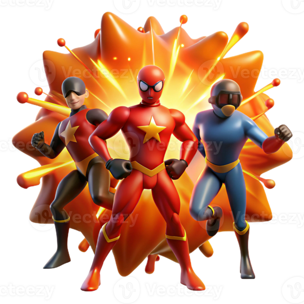 wonderful modern A group of four diverse superheroes silhouetted against a fiery explosion, lit with dramatic orange and red hues in a dynamic, action-packed style professional png