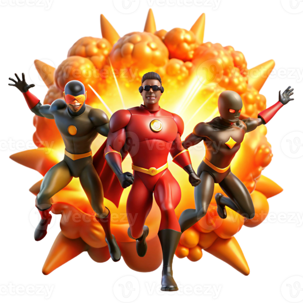 dramatic vintage A group of four diverse superheroes silhouetted against a fiery explosion, lit with dramatic orange and red hues in a dynamic, action-packed style 4K png