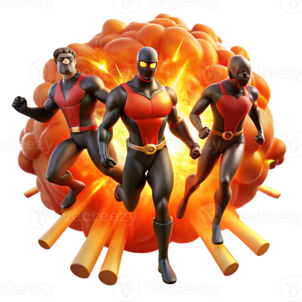vibrant abstract A group of four diverse superheroes silhouetted against a fiery explosion, lit with dramatic orange and red hues in a dynamic, action-packed style 4K png