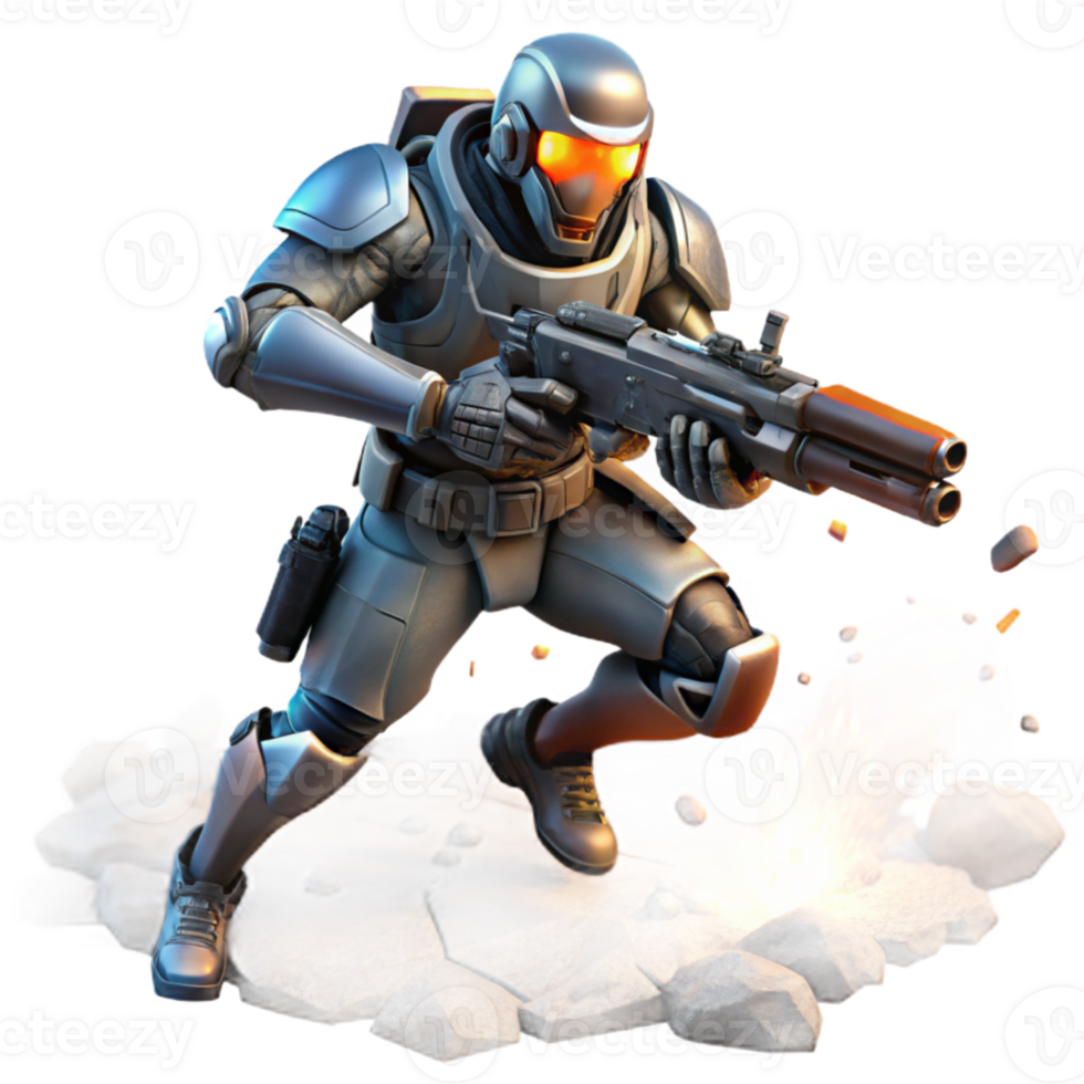 extraordinary modern A futuristic soldier in power armor, wielding a plasma rifle, charges towards an unseen enemy amidst a battlefield strewn with wreckage. Action-packed and dynamic lighting 4K png
