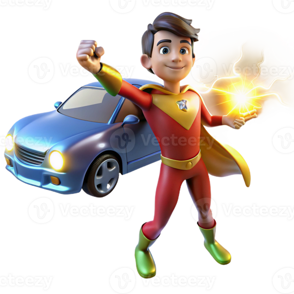 stunning contemporary A young superhero with telekinetic powers, lifting a car with visible energy tendrils, lit with a bright, midday sun in a vibrant, anime style high quality png