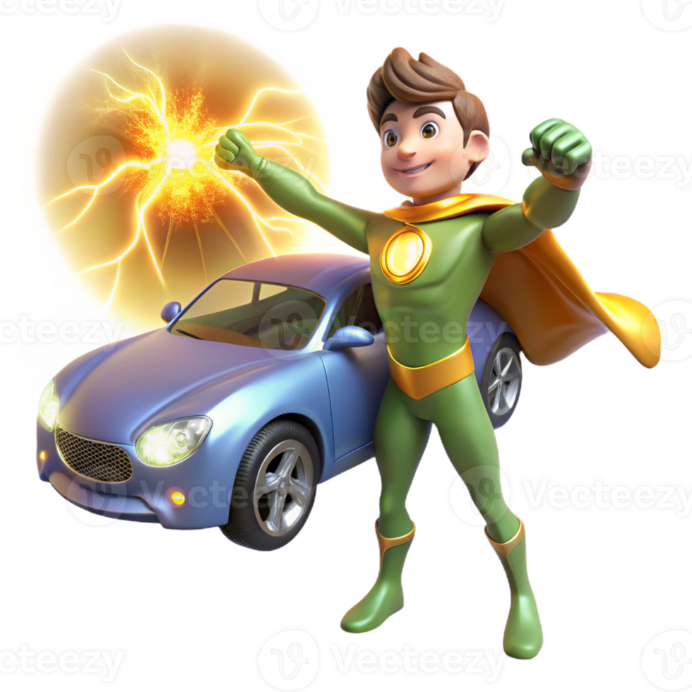 magnificent traditional A young superhero with telekinetic powers, lifting a car with visible energy tendrils, lit with a bright, midday sun in a vibrant, anime style authentic png