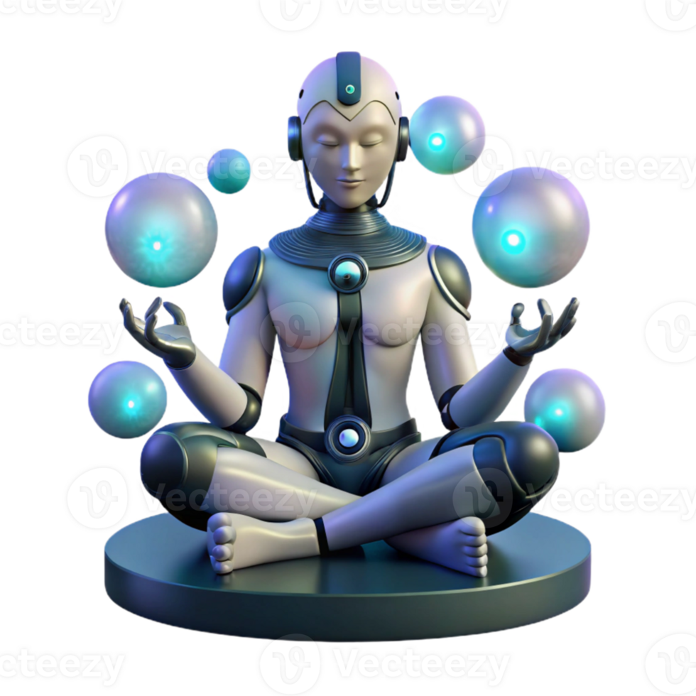 wonderful creative A cyborg with intricate mechanical augmentations meditates in a zen garden, surrounded by glowing orbs. Peaceful and serene lighting. Cyberpunk aesthetic high resolution png