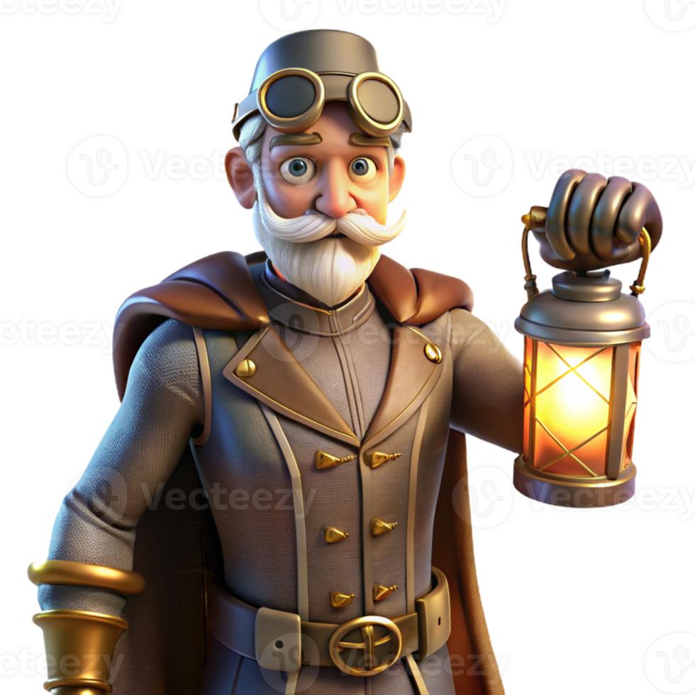 extraordinary rustic A geriatric superhero with a steampunk-inspired suit, illuminated by flickering gaslight in a vintage, Victorian style exclusive png