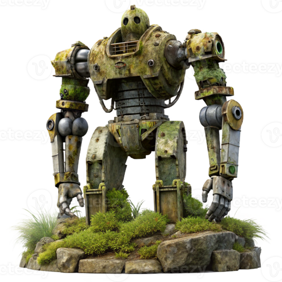 serene abstract A colossal, ancient robot, weathered and overgrown with vegetation, stands silent in a post-apocalyptic landscape. Dramatic lighting and a melancholic atmosphere original png