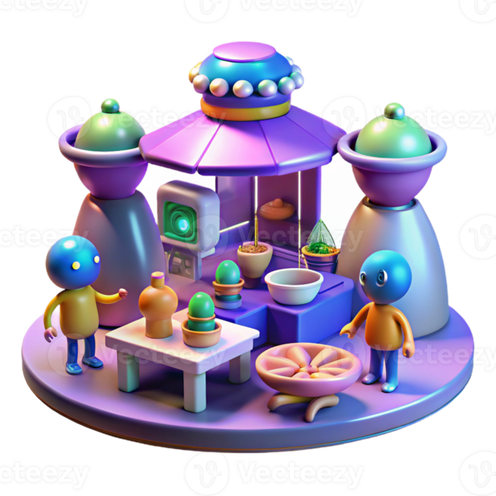 vibrant contemporary A futuristic marketplace bustling with alien vendors selling exotic goods and technologies. Vibrant colors and a lively, chaotic atmosphere. Naturalistic market lighting exclusive png