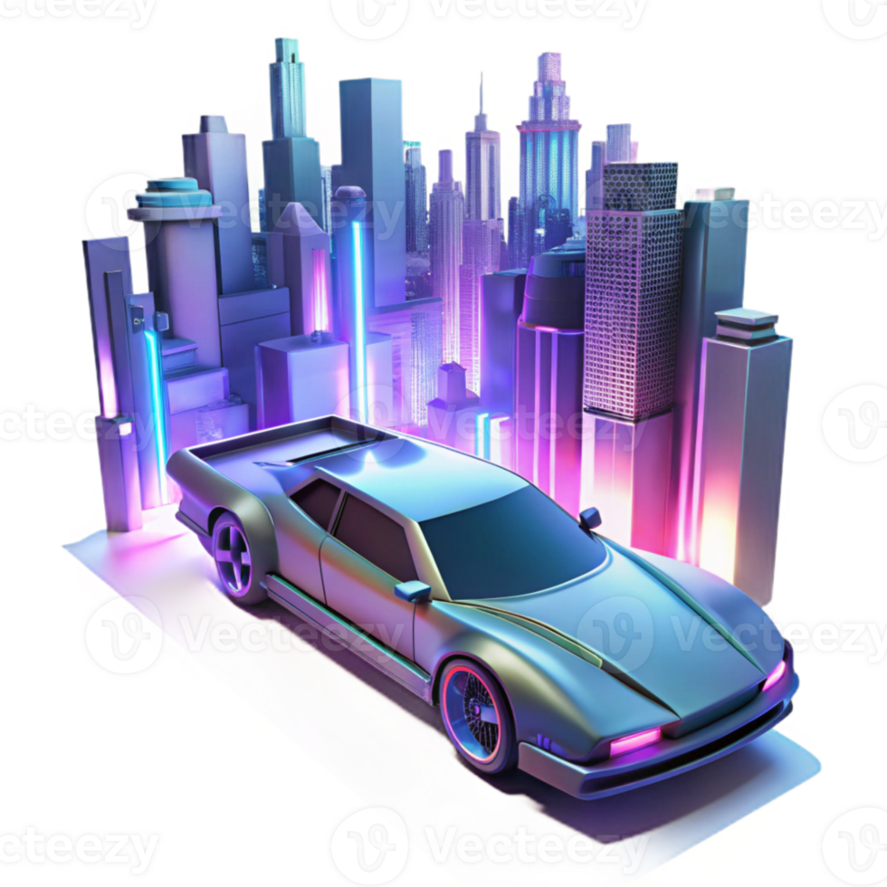 wonderful classic A futuristic hovercar races through the neon-lit streets of a cyberpunk city. Fast-paced and dynamic lighting. Cyberpunk aesthetic high quality png