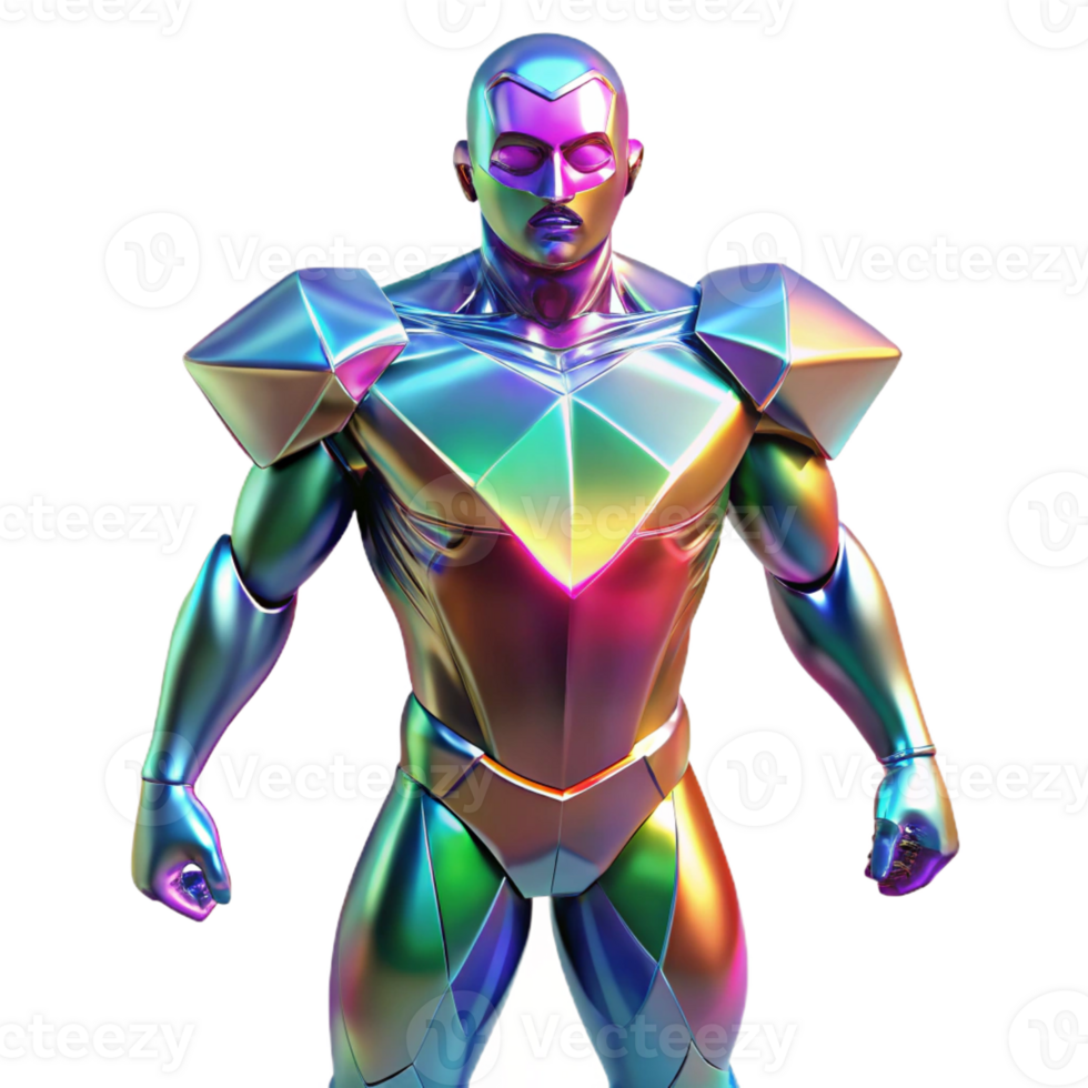 serene traditional A crystalline superhero with refracting light patterns across their body, lit with a rainbow of colors in a dazzling, gemstone style authentic png