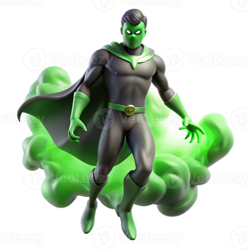 dramatic abstract A shadowy superhero with intangible form, partially dissolving into smoke, lit with an eerie, green glow in a spooky, horror style authentic png