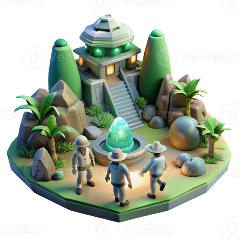 extraordinary abstract A group of explorers discovers a hidden temple on a lush, alien planet. Adventurous and mysterious lighting. Detailed environment genuine png