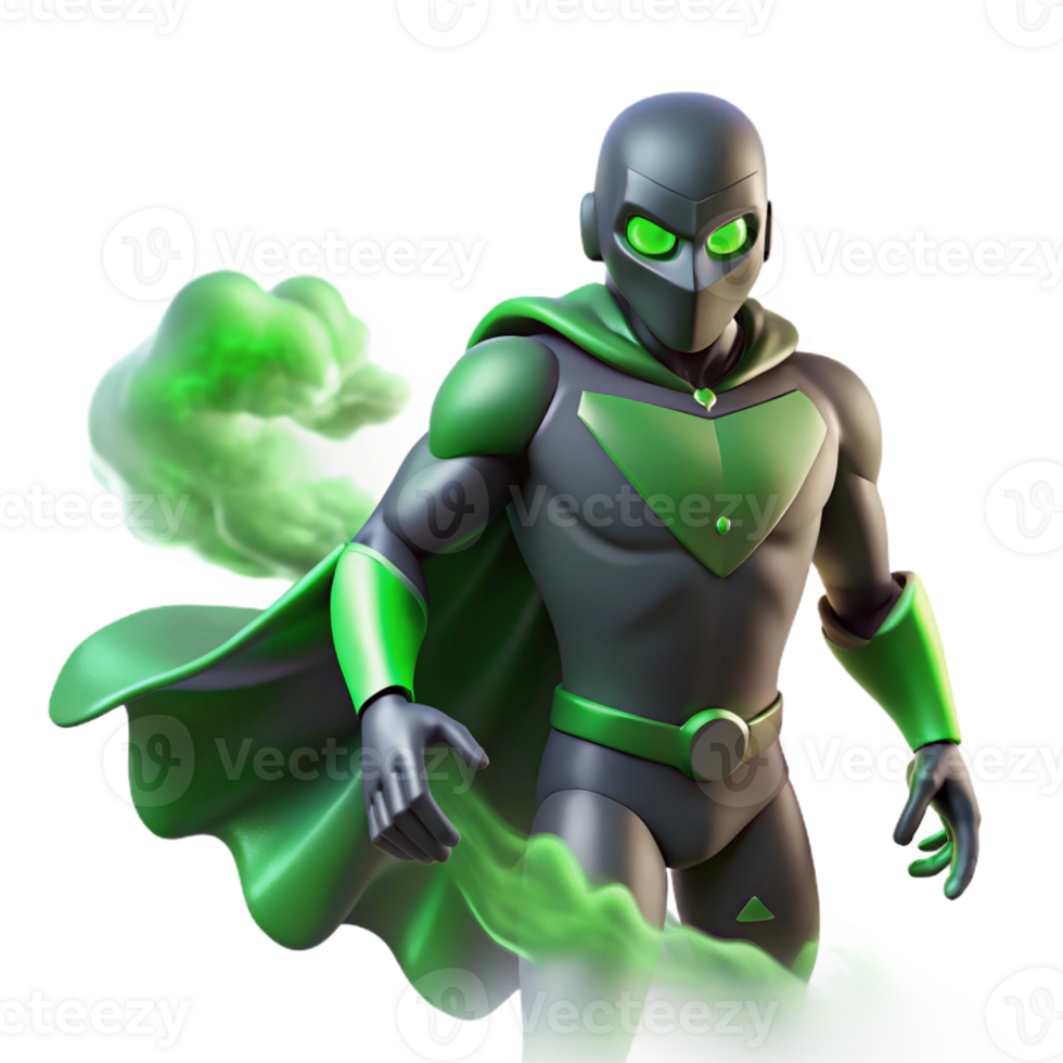 serene traditional A shadowy superhero with intangible form, partially dissolving into smoke, lit with an eerie, green glow in a spooky, horror style 4K png
