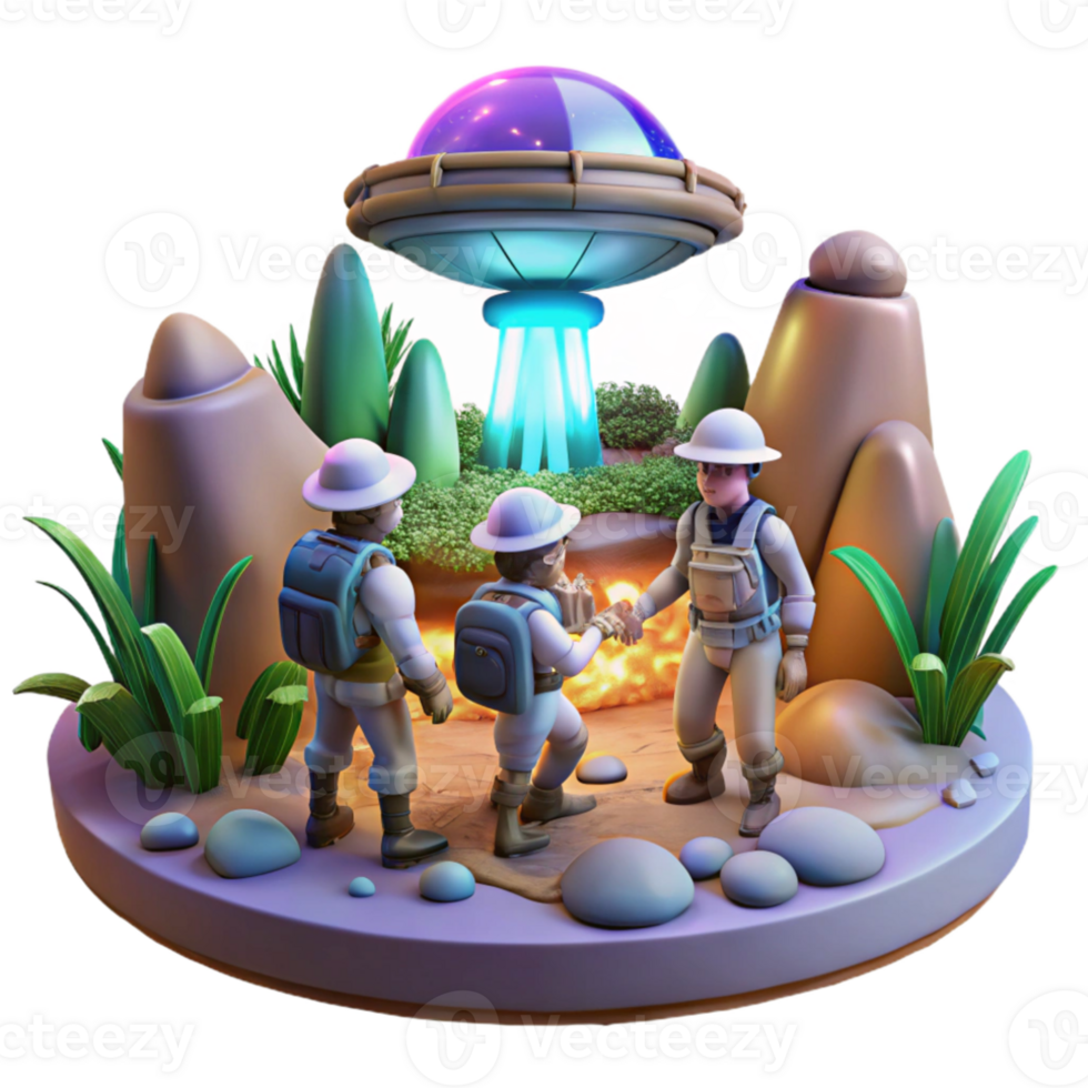 stunning vintage A group of explorers discovers a hidden temple on a lush, alien planet. Adventurous and mysterious lighting. Detailed environment genuine png