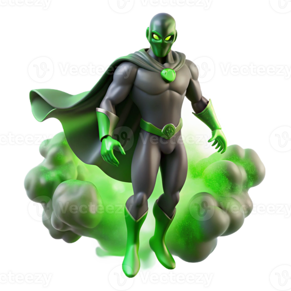 beautiful abstract A shadowy superhero with intangible form, partially dissolving into smoke, lit with an eerie, green glow in a spooky, horror style detailed png