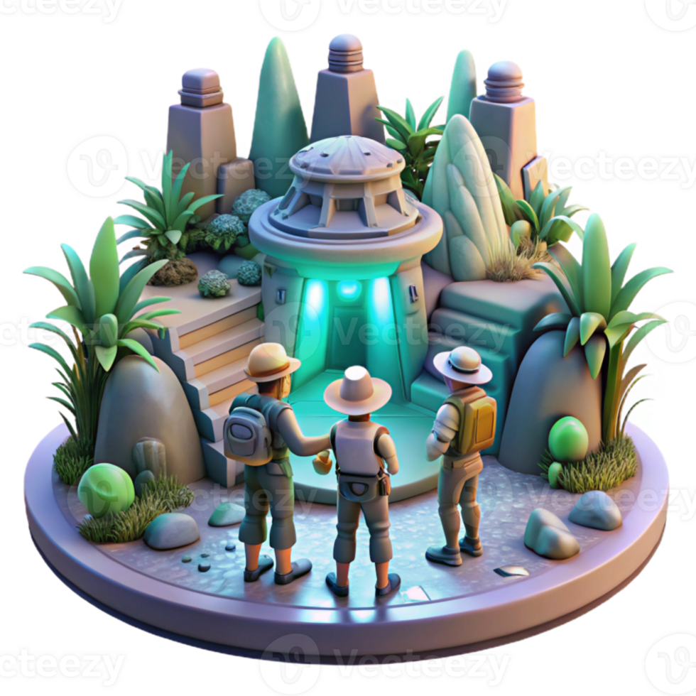 elegant modern A group of explorers discovers a hidden temple on a lush, alien planet. Adventurous and mysterious lighting. Detailed environment professional png