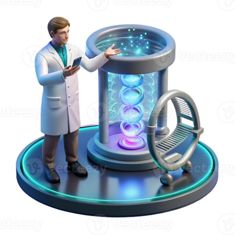 extraordinary classic A scientist studies a holographic projection of a complex DNA sequence in a futuristic laboratory. Soft, scientific lighting. Detailed holographic effects professional png