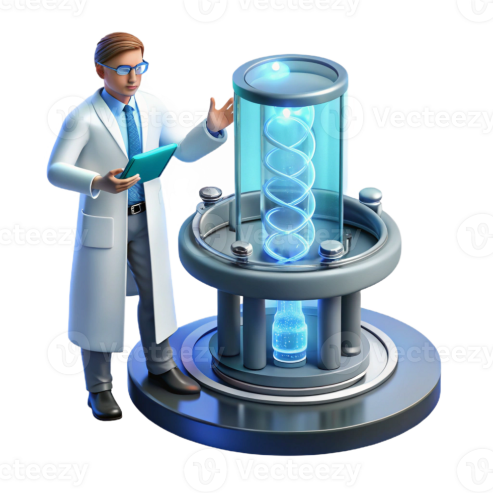 wonderful rustic A scientist studies a holographic projection of a complex DNA sequence in a futuristic laboratory. Soft, scientific lighting. Detailed holographic effects high resolution png