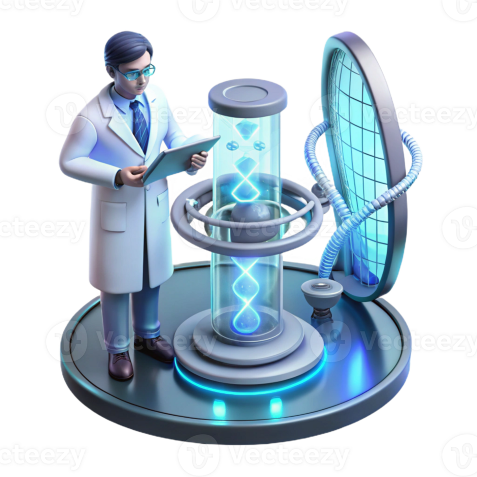 magnificent contemporary A scientist studies a holographic projection of a complex DNA sequence in a futuristic laboratory. Soft, scientific lighting. Detailed holographic effects premium png