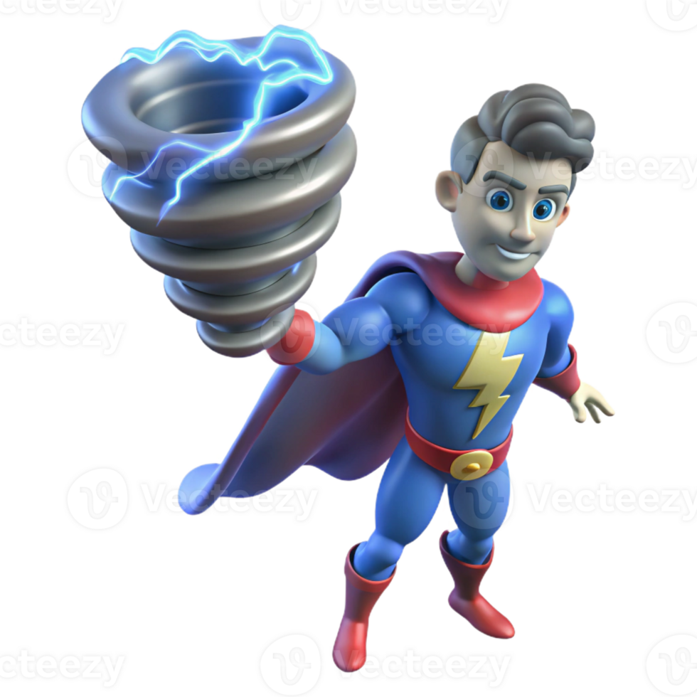 vibrant rustic A superhero with weather manipulation powers, summoning a miniature tornado, lit with flashing lightning in a stormy, atmospheric style original png